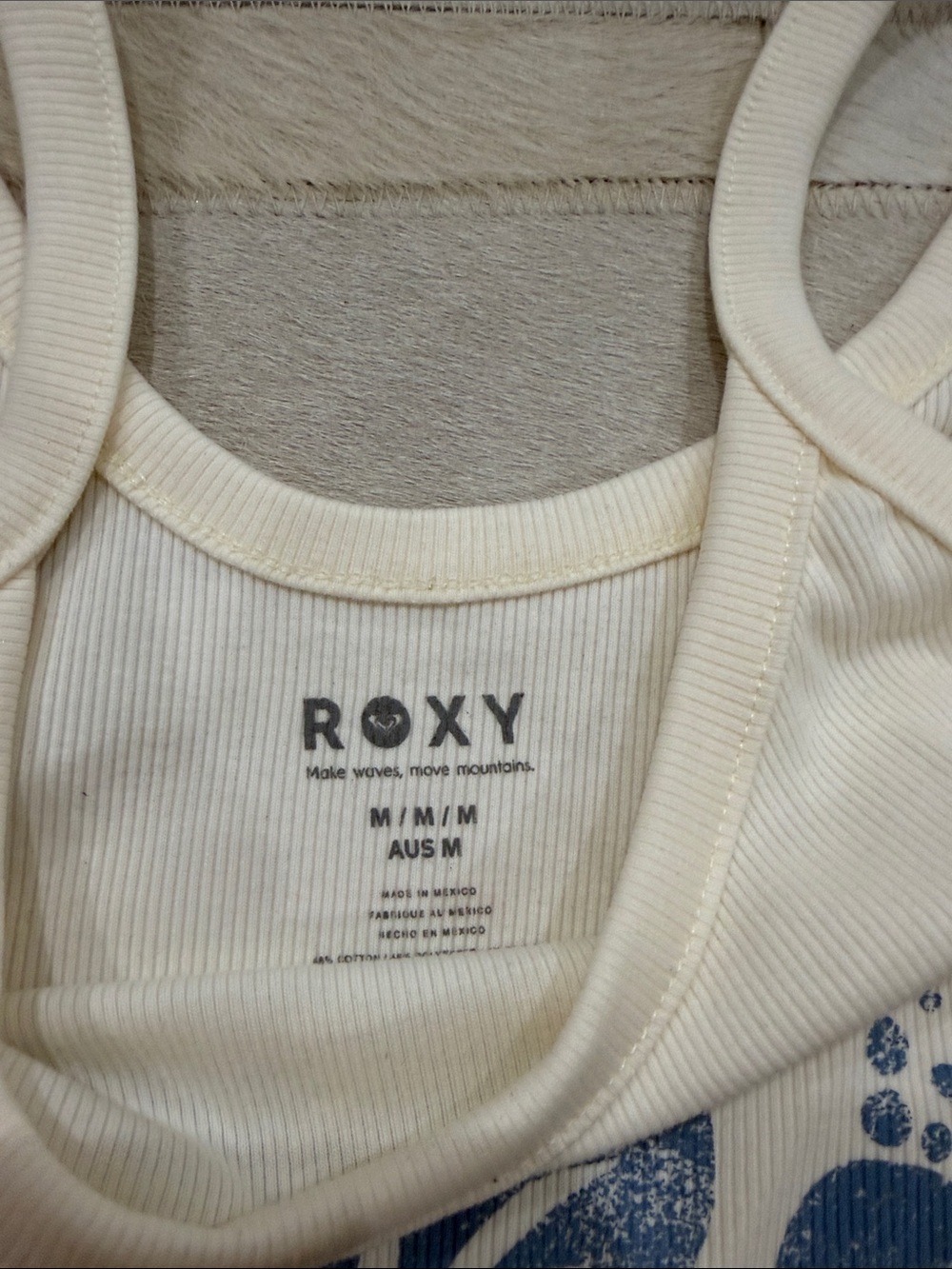 ROXY Ribbed Cream Tank Top with Blue Hibiscus Print - Picture 2 of 4
